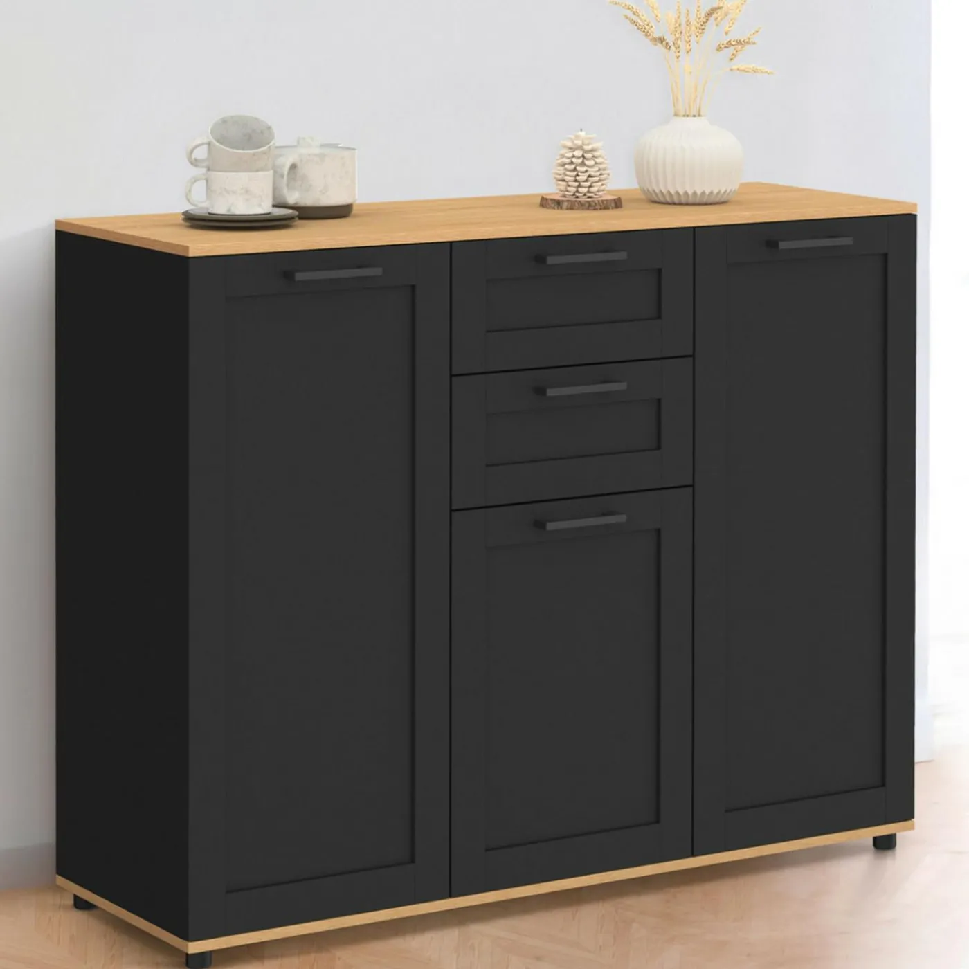 Buffet noir et plateau bois 100 cm avec 3 portes et 2 tiroirs