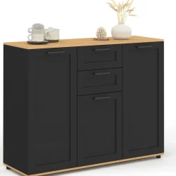 Buffet noir et plateau bois 100 cm avec 3 portes et 2 tiroirs