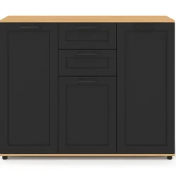 Buffet noir et plateau bois 100 cm avec 3 portes et 2 tiroirs