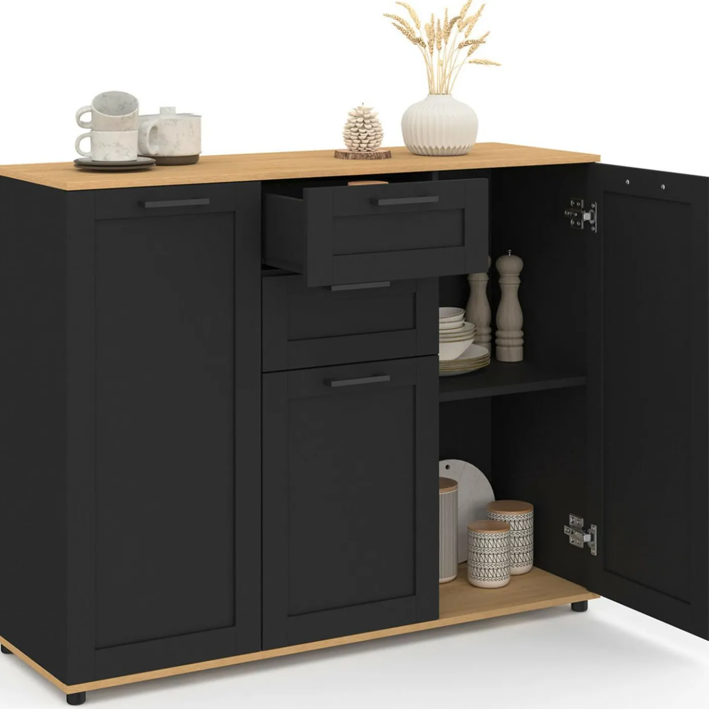 Buffet noir et plateau bois 100 cm avec 3 portes et 2 tiroirs