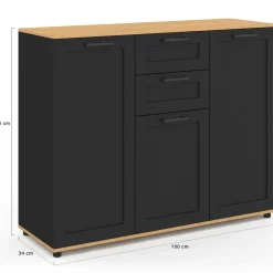 Buffet noir et plateau bois 100 cm avec 3 portes et 2 tiroirs