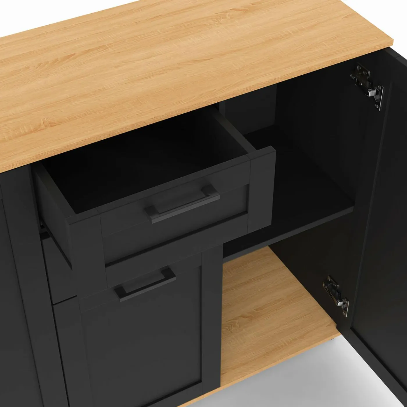 Buffet noir et plateau bois 100 cm avec 3 portes et 2 tiroirs