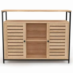 Buffet portes persiennes bois et métal noir