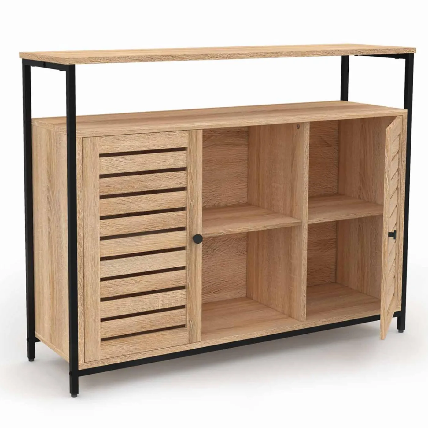Buffet portes persiennes bois et métal noir