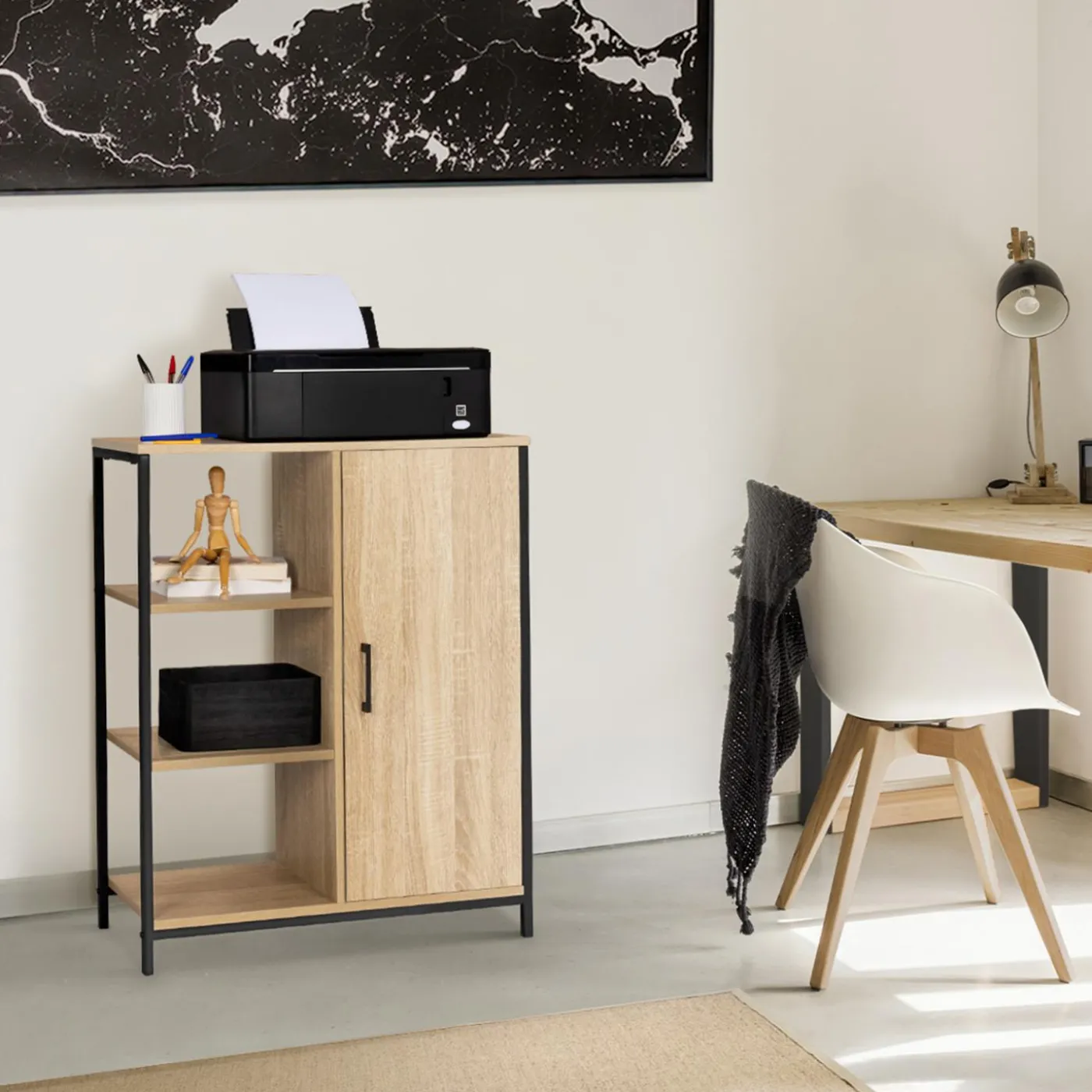 Buffet style industriel avec étagères et placard