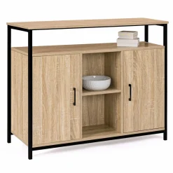Buffet style industriel avec 2 portes et étagères en bois et métal noir 100 cm