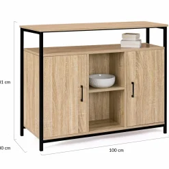 Buffet style industriel avec 2 portes et étagères en bois et métal noir 100 cm