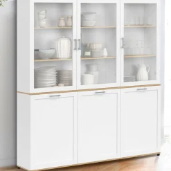Buffet vaisselier 160 cm meuble de cuisine 6 portes blanc et bois