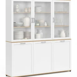 Buffet vaisselier 160 cm meuble de cuisine 6 portes blanc et bois