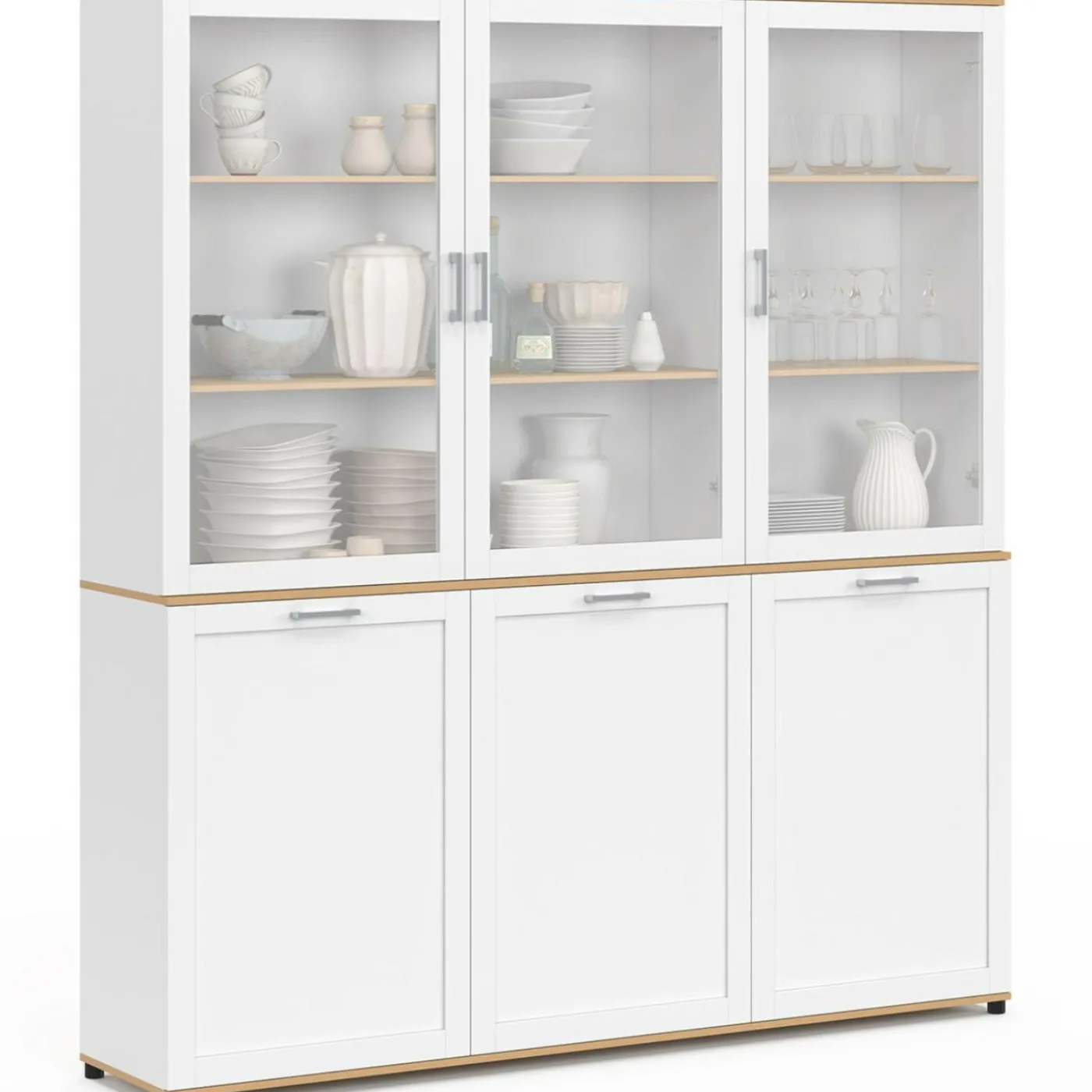Buffet vaisselier 160 cm meuble de cuisine 6 portes blanc et bois