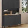 Buffet vaisselier noir 6 portes, 1 tiroir et plateaux façon hêtre