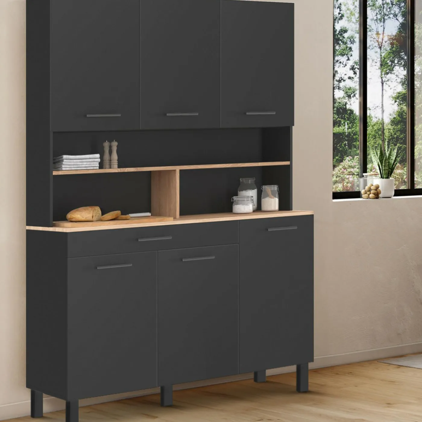 Buffet vaisselier noir 6 portes, 1 tiroir et plateaux façon hêtre