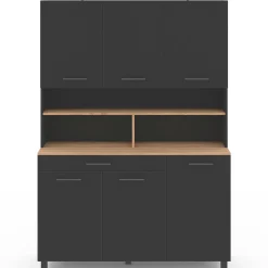 Buffet vaisselier noir 6 portes, 1 tiroir et plateaux façon hêtre