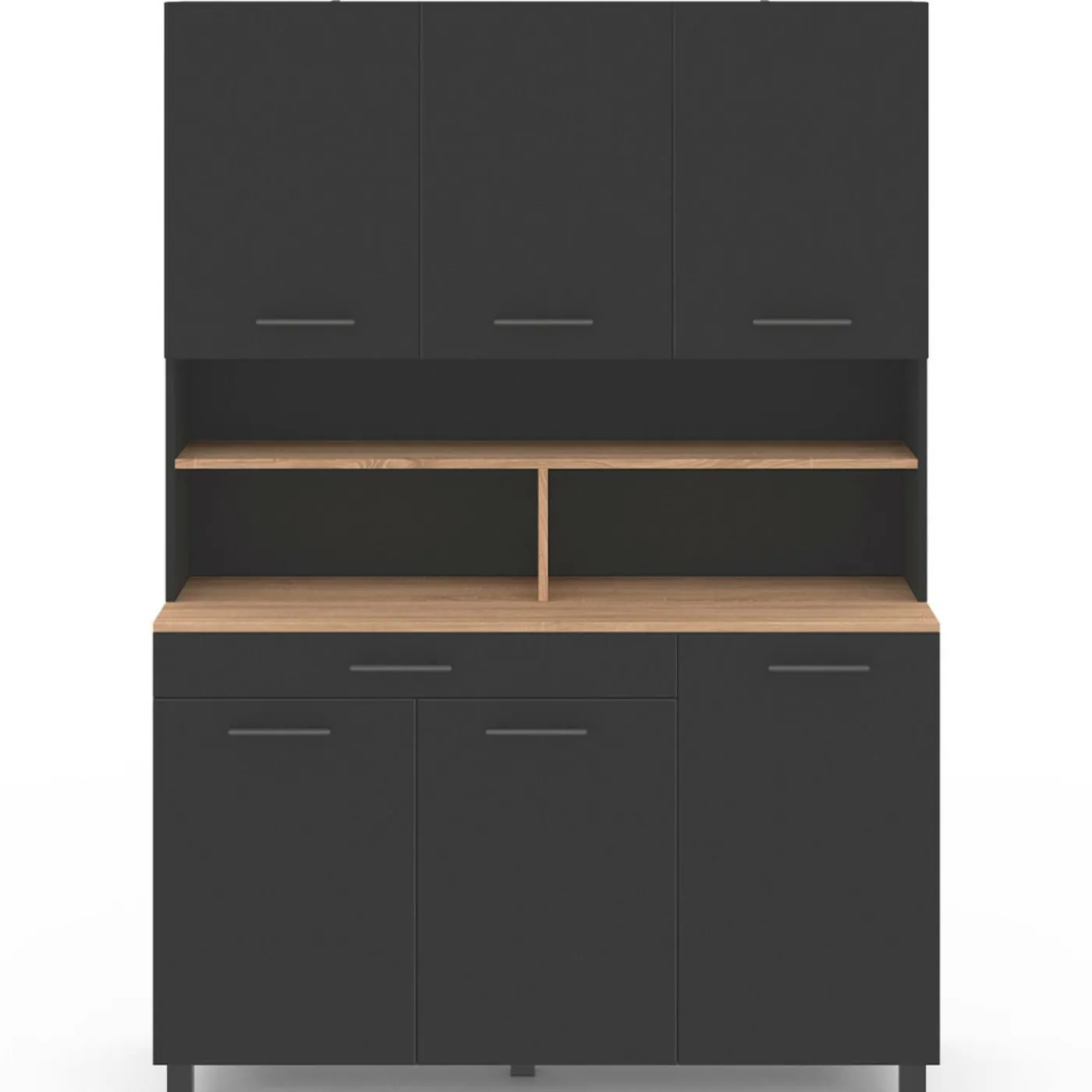 Buffet vaisselier noir 6 portes, 1 tiroir et plateaux façon hêtre