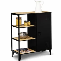 Buffet vestiaire métallique noir et plateaux bois