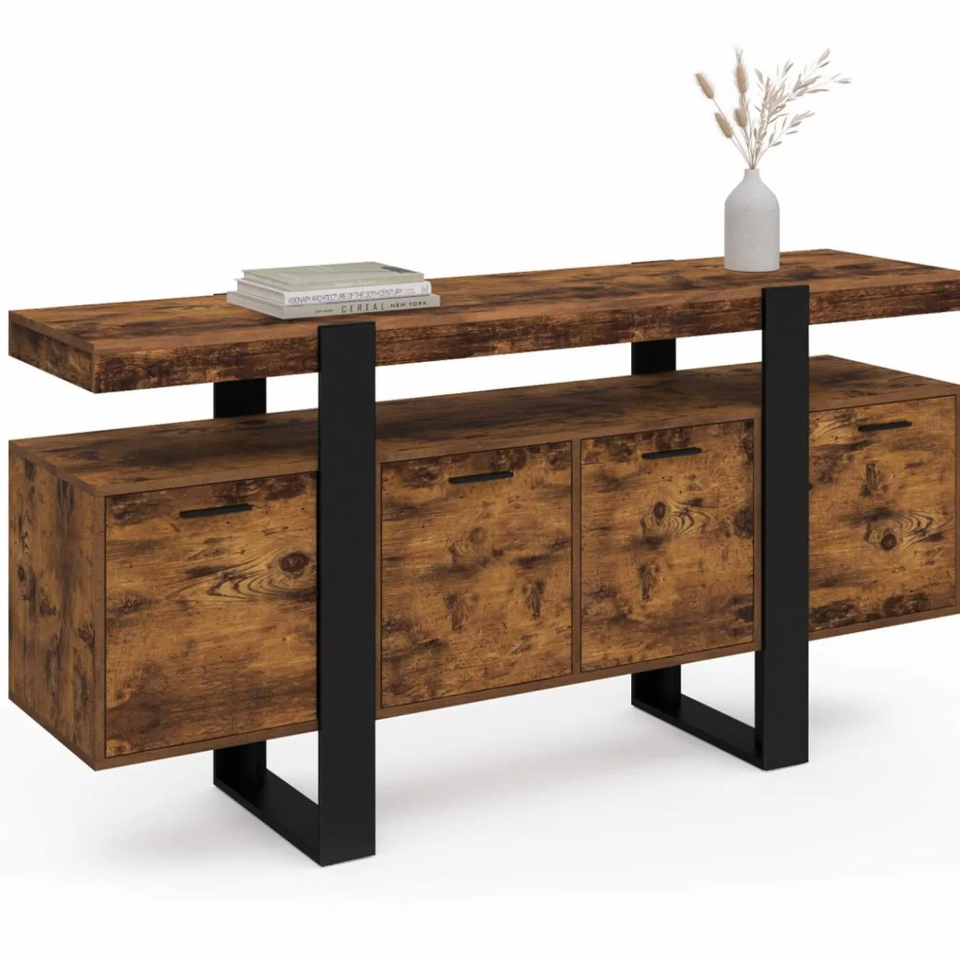 Buffet XXL 4 portes bois effet vieilli et noir 160 cm