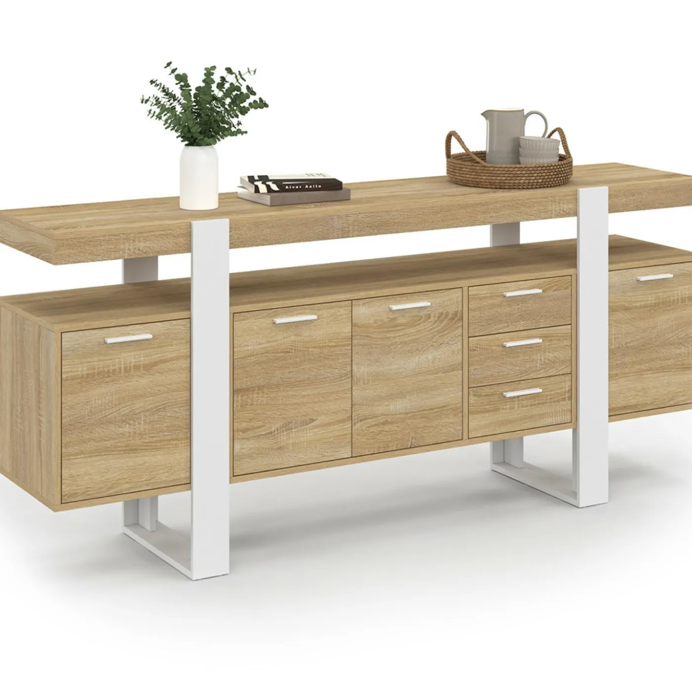 Buffet XXL bois et blanc industriel 180 cm 4 portes 3 tiroirs