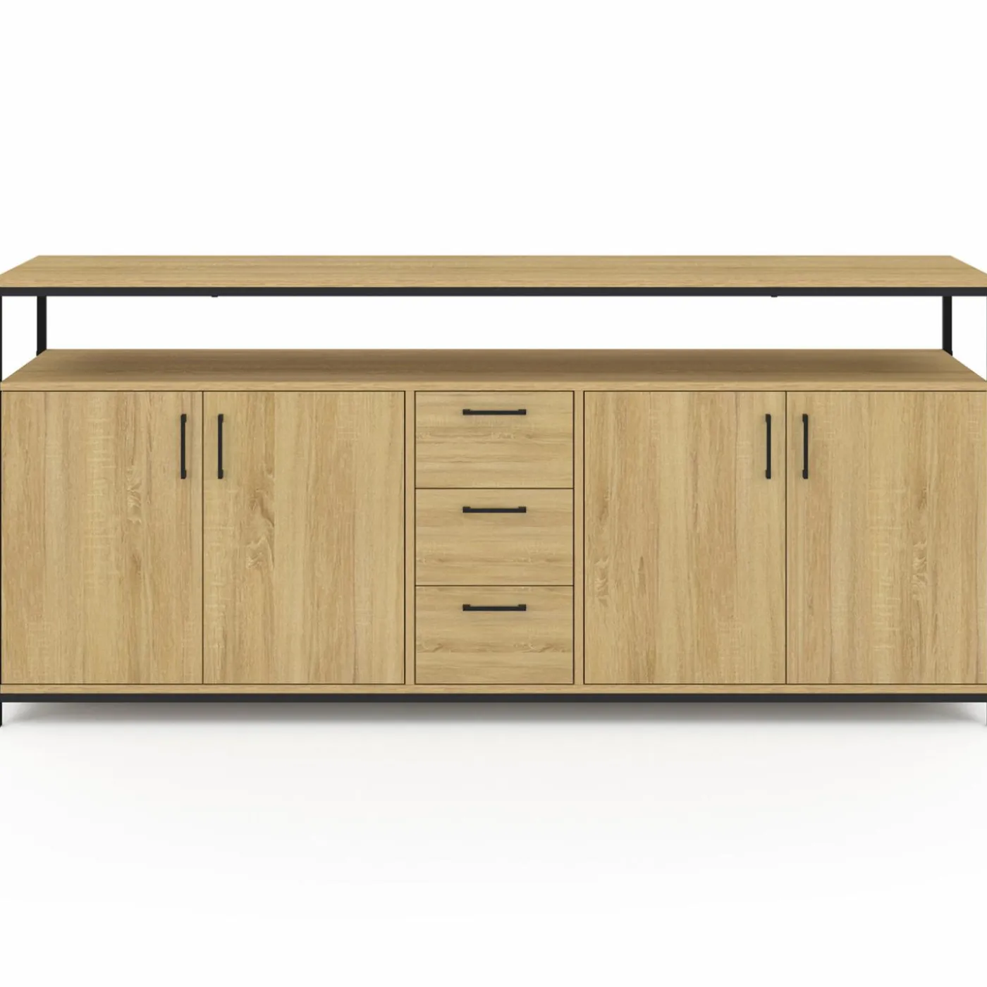 Buffet XXL bois et noir style industriel 180 cm 4 portes et tiroirs