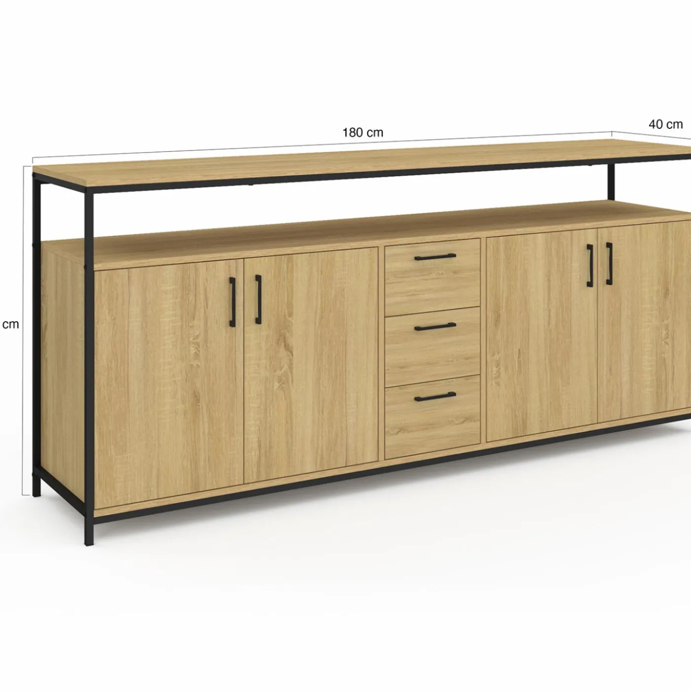 Buffet XXL bois et noir style industriel 180 cm 4 portes et tiroirs