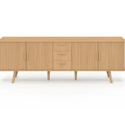 Buffet XXL de 180 cm avec 4 portes et 3 tiroirs à l’effet lattes et tasseaux en bois coloris chêne