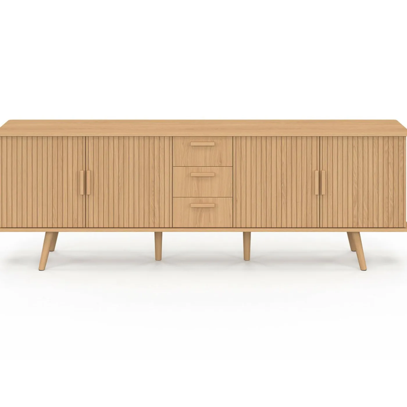 Buffet XXL de 180 cm avec 4 portes et 3 tiroirs à l’effet lattes et tasseaux en bois coloris chêne