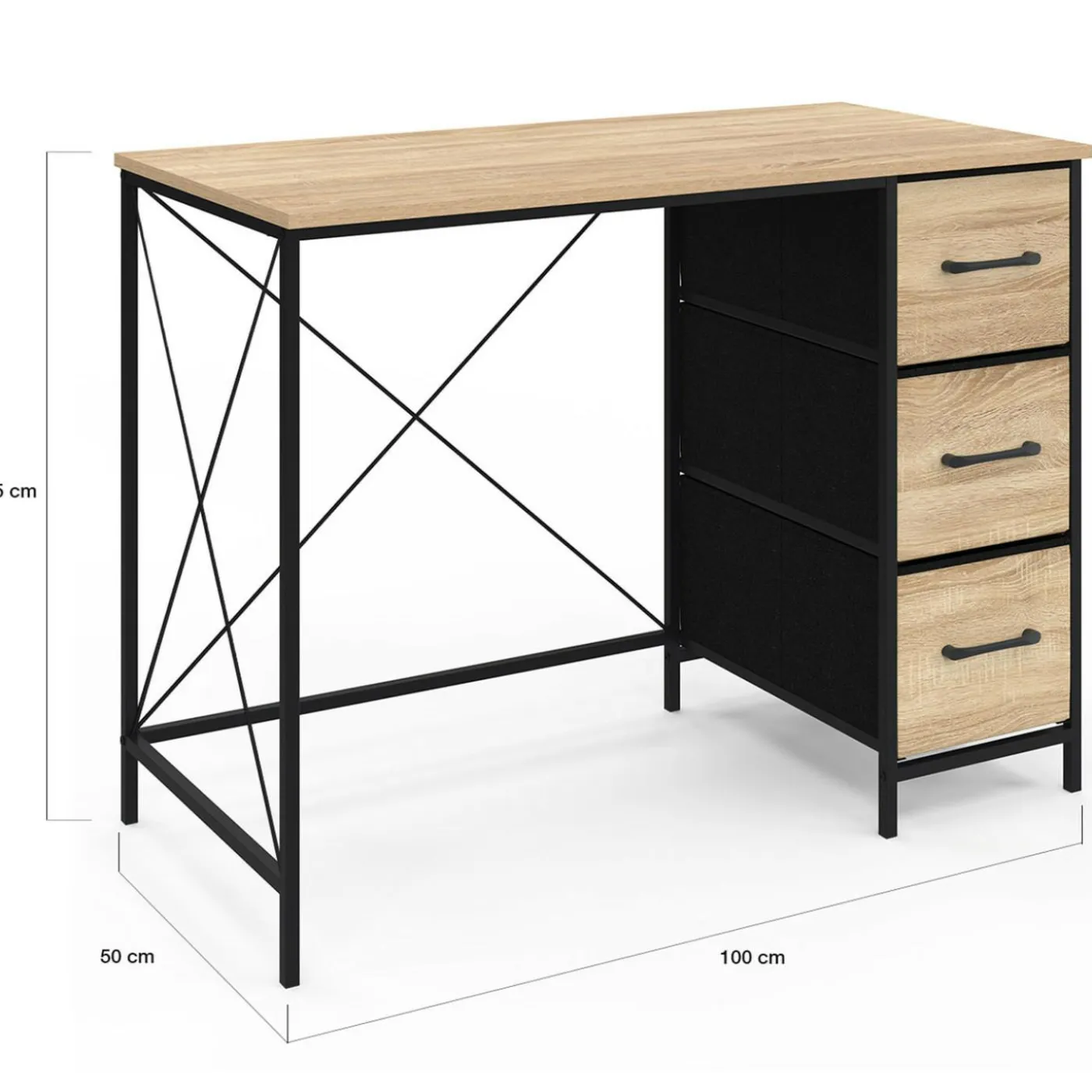 Bureau 3 tiroirs design industriel en tissu bois et noir