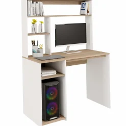 Bureau avec rangements blanc et bois façon hêtre