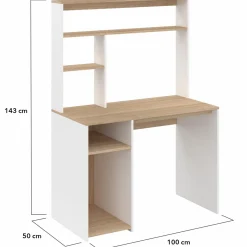 Bureau avec rangements blanc et bois façon hêtre