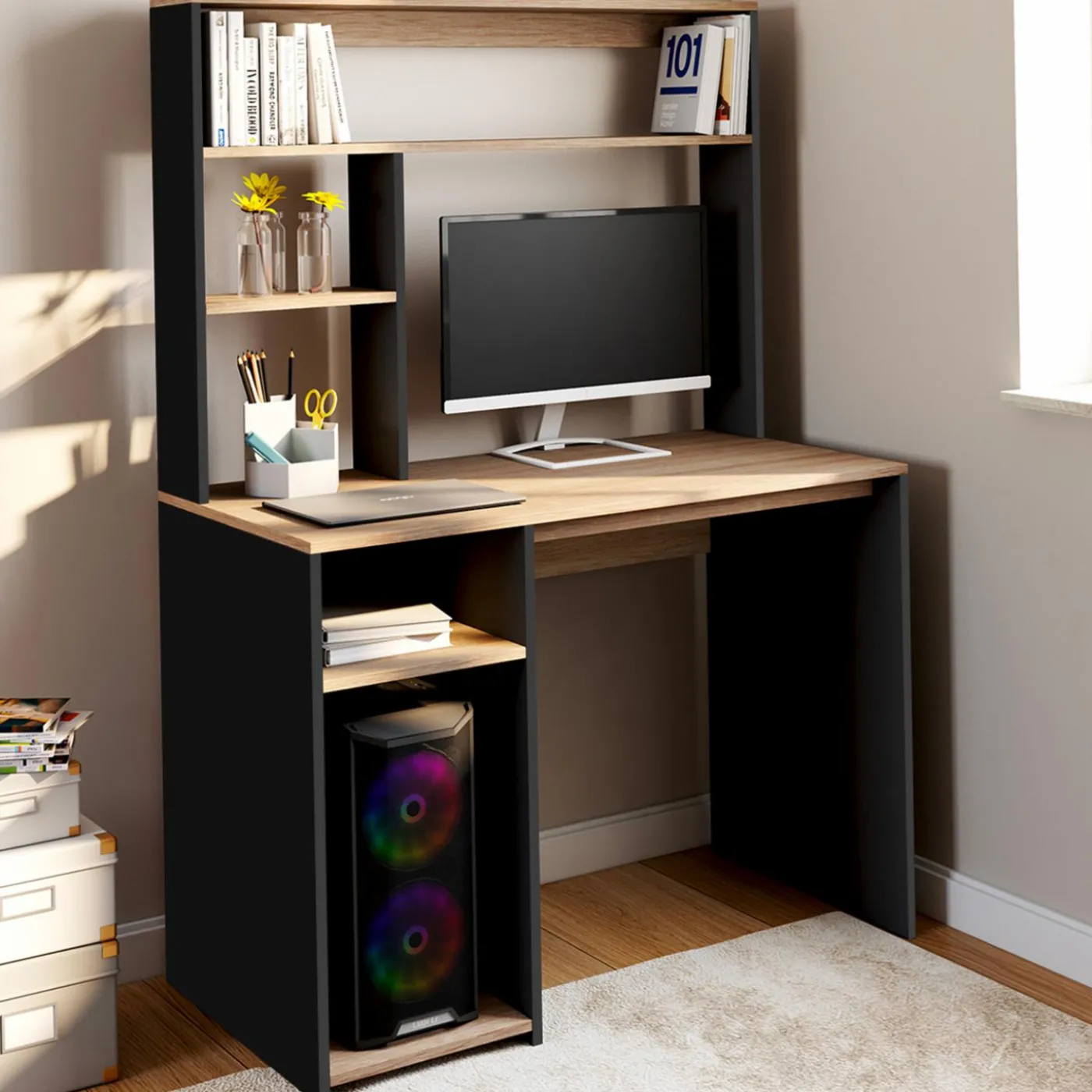 Bureau avec rangements noir et bois
