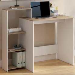 Bureau avec étagères modulables latérales bois façon hêtre et blanc