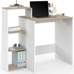 Bureau avec étagères modulables latérales bois façon hêtre et blanc