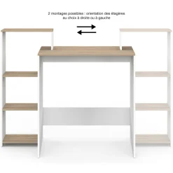 Bureau avec étagères modulables latérales bois façon hêtre et blanc