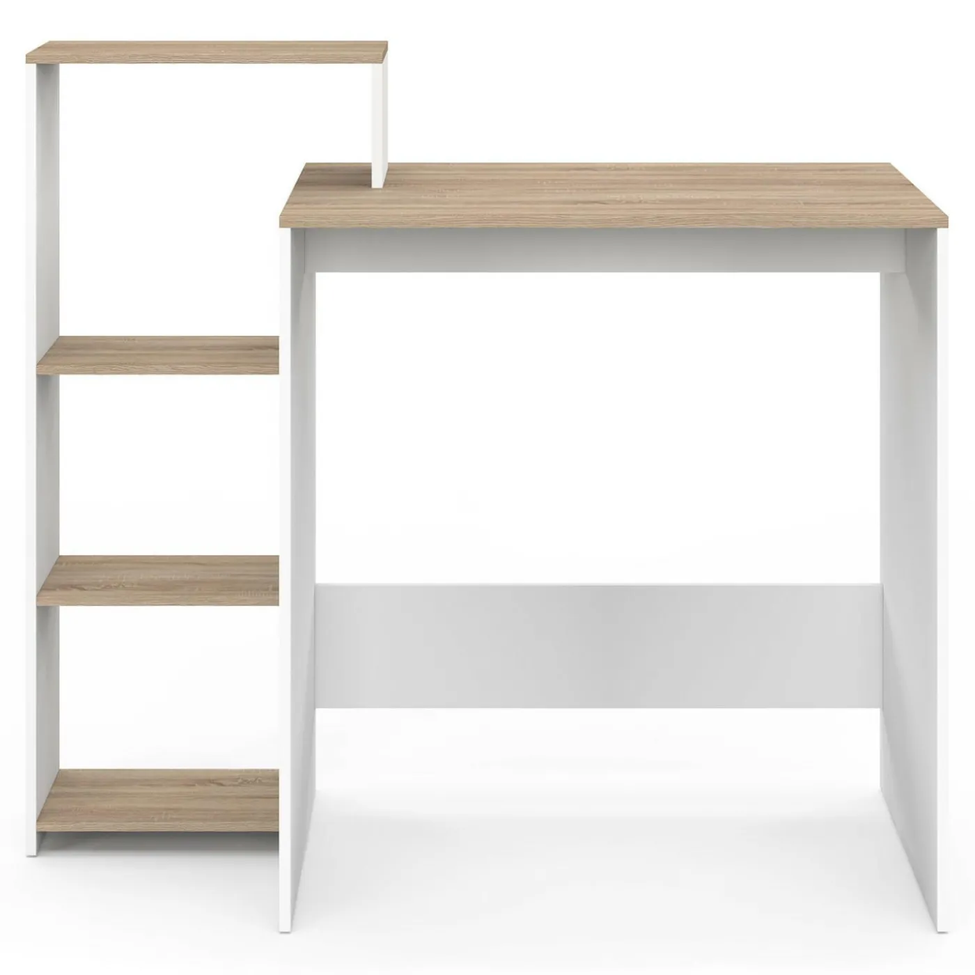 Bureau avec étagères modulables latérales bois façon hêtre et blanc