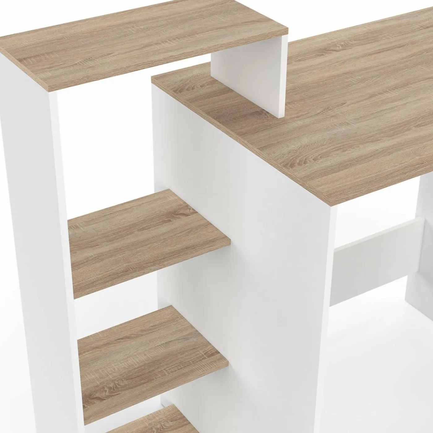 Bureau avec étagères modulables latérales bois façon hêtre et blanc