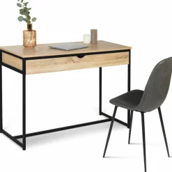 Bureau avec tiroir en métal noir et bois
