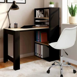Bureau bibliothèque bois façon hêtre et noir