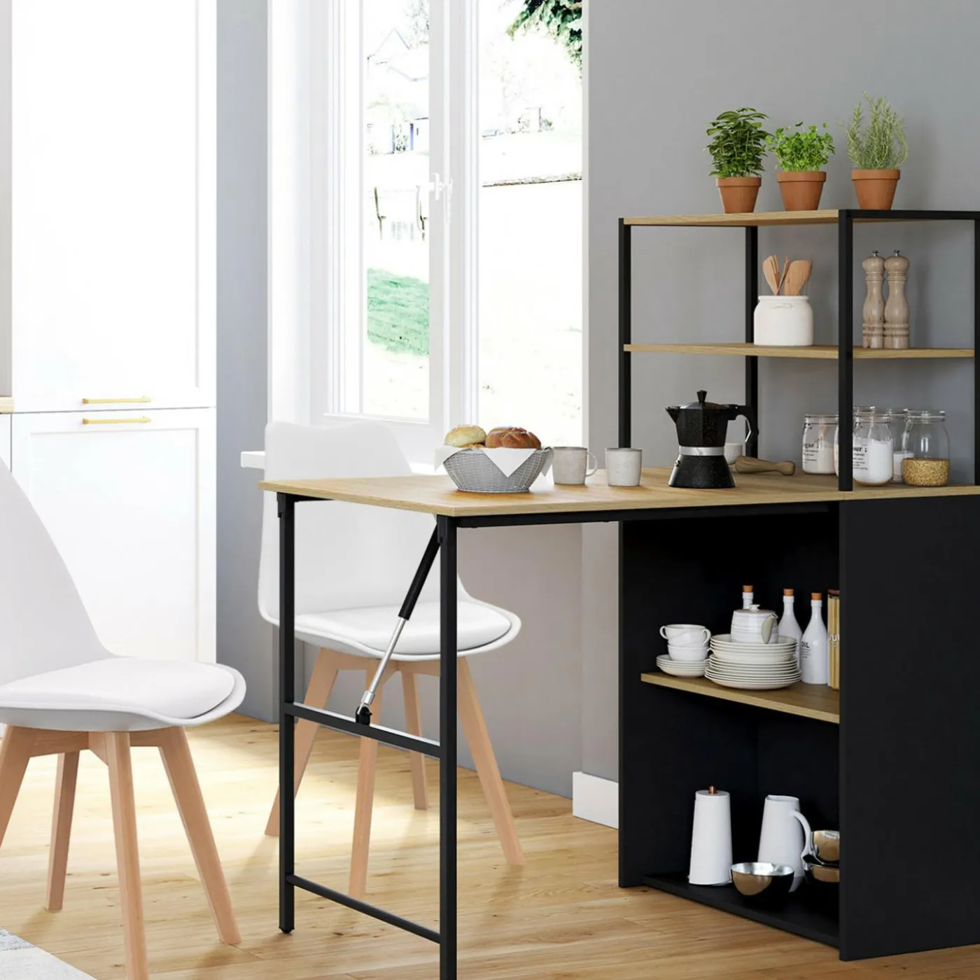 Bureau bibliothèque pliable plateau rabattable bois façon hêtre et noir