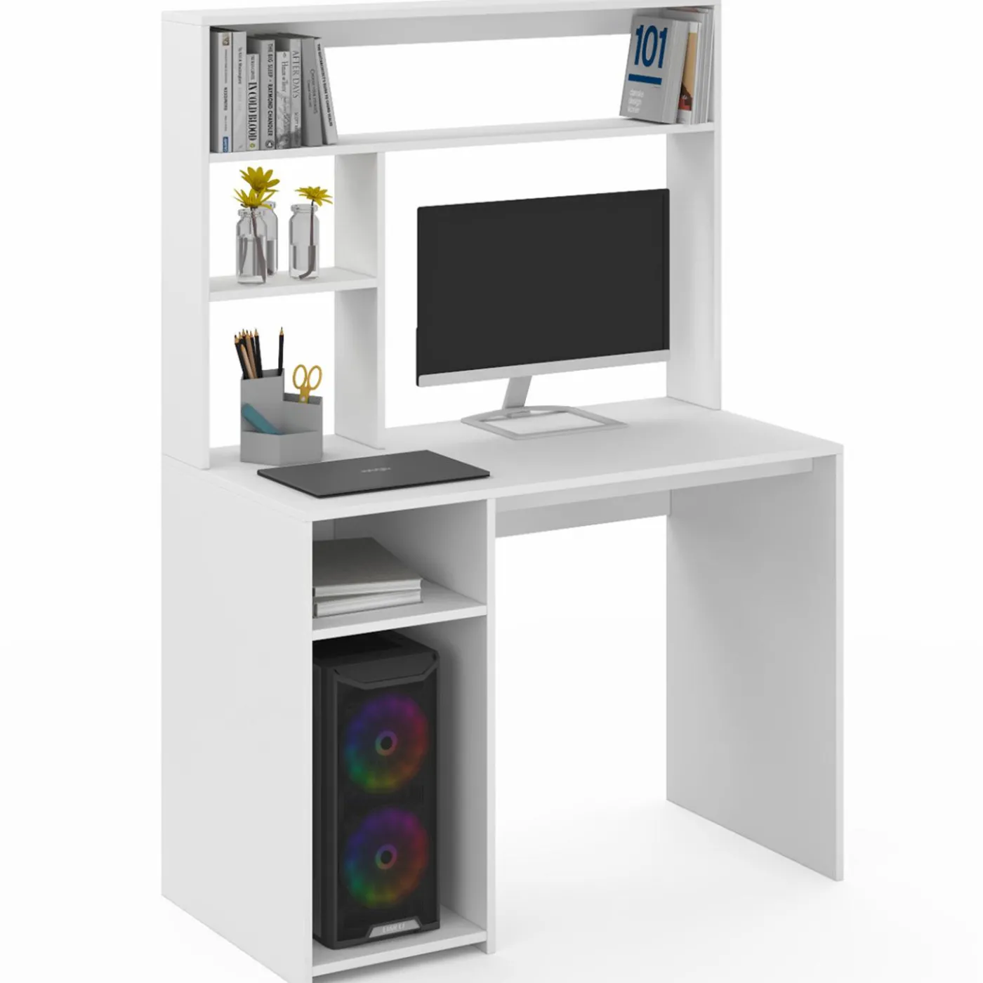Bureau blanc avec étagères de rangement