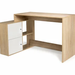 Bureau d’angle avec rangement bois imitation hêtre et blanc