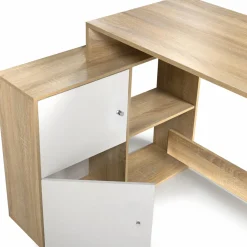 Bureau d’angle avec rangement bois imitation hêtre et blanc