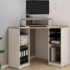 Bureau d'angle avec rangements blanc et façon hêtre