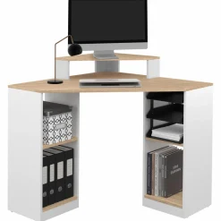 Bureau d'angle avec rangements blanc et façon hêtre