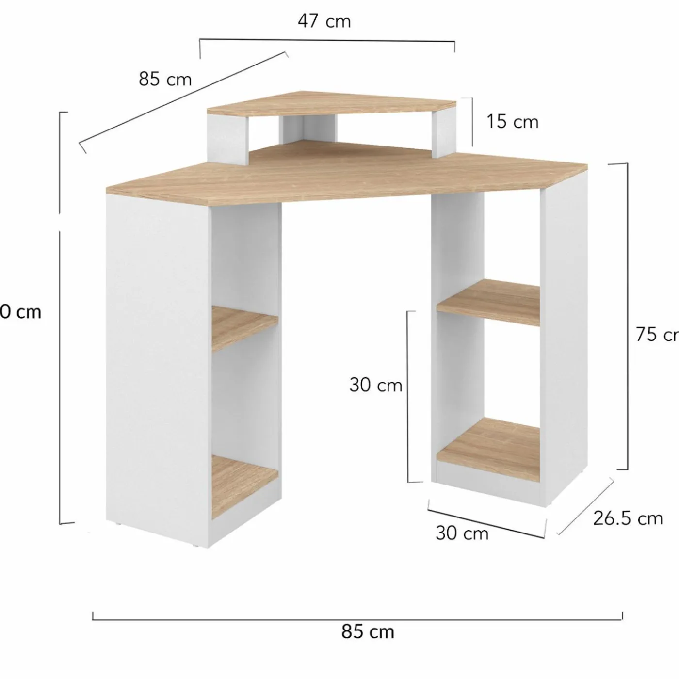 Bureau d'angle avec rangements blanc et façon hêtre