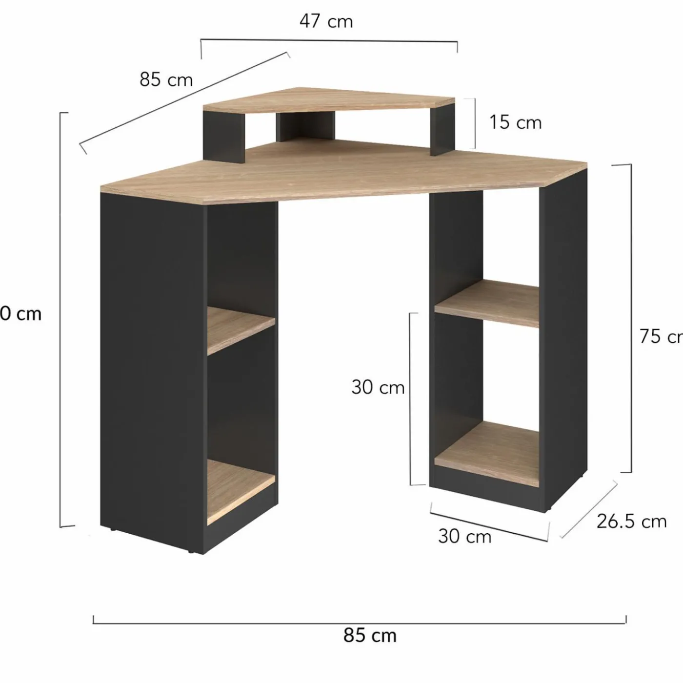 Bureau d'angle avec rangements noir et façon hêtre