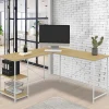 Bureau d'angle en bois et métal blanc en forme de L