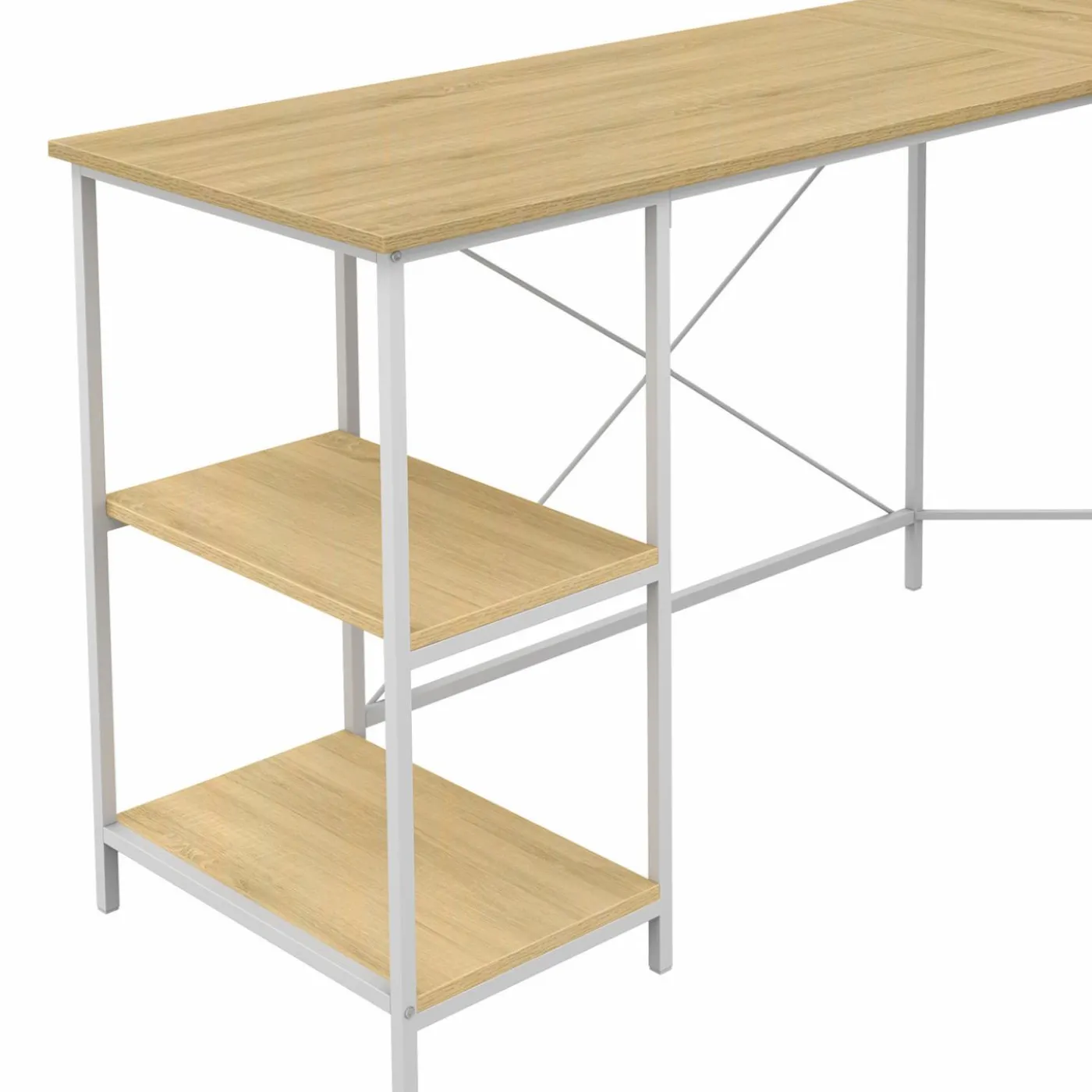Bureau d'angle en bois et métal blanc en forme de L