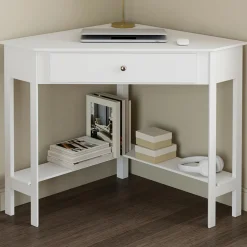 Bureau d'angle gain de place bureau informatique blanc avec rangements et 1 tiroir