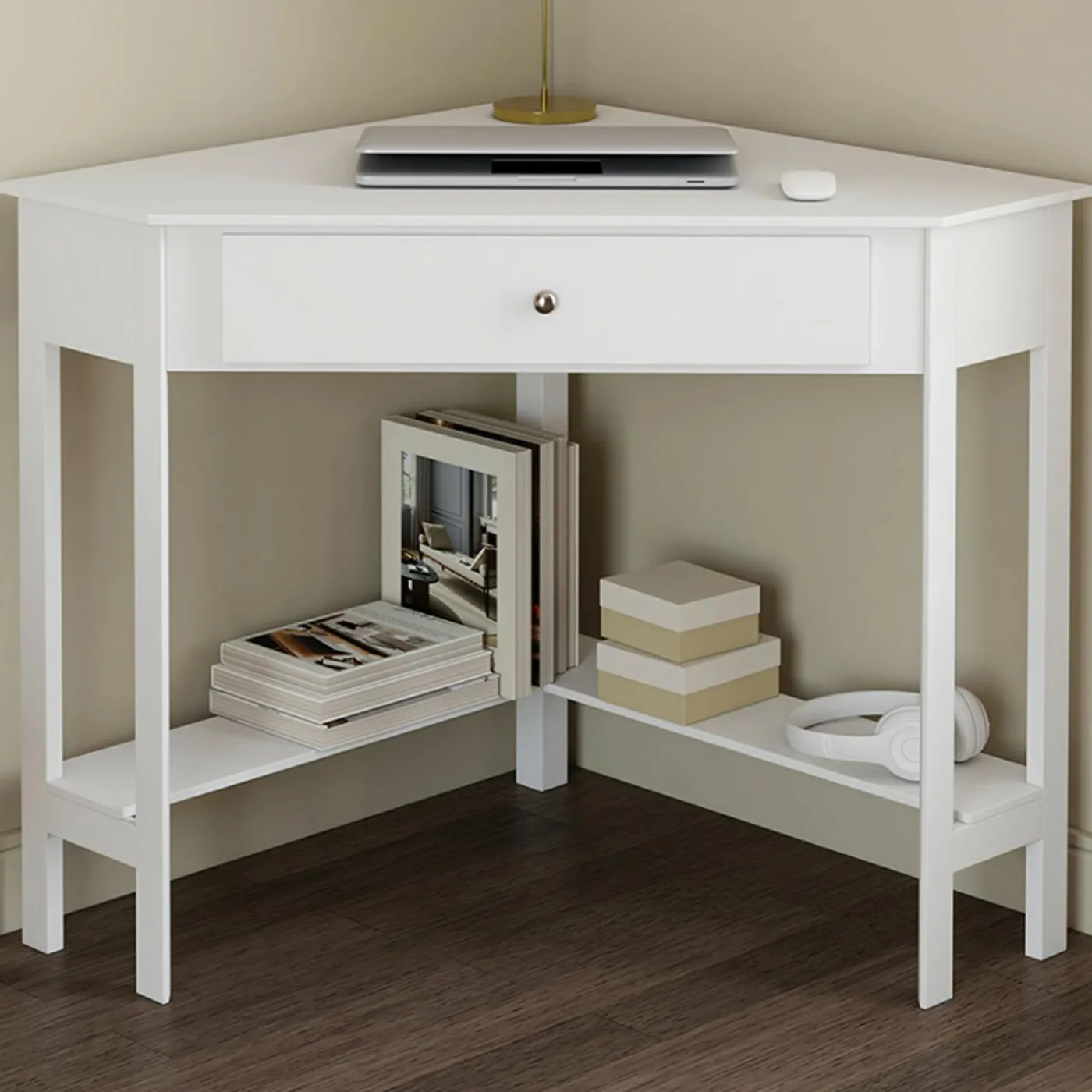 Bureau d'angle gain de place bureau informatique blanc avec rangements et 1 tiroir