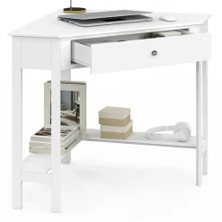 Bureau d'angle gain de place bureau informatique blanc avec rangements et 1 tiroir