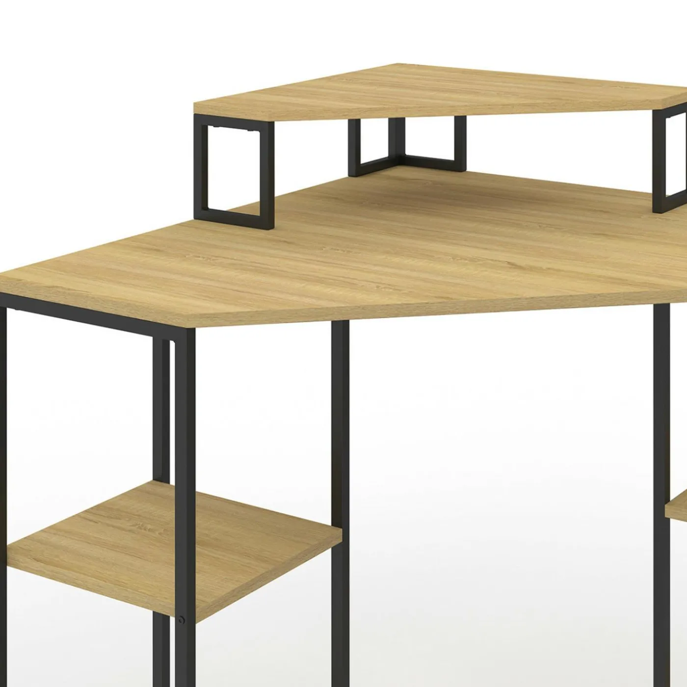 Bureau d'angle industriel avec rangements bois et métal noir